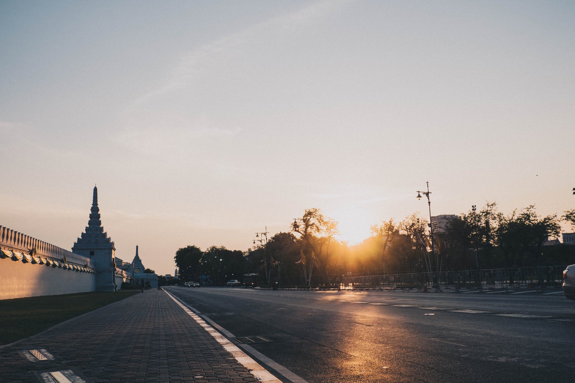 atmosphere in old town of Bangkok Thailand during lock down the city on Sunlight through the Pramane Ground old town Bangkok in evening time